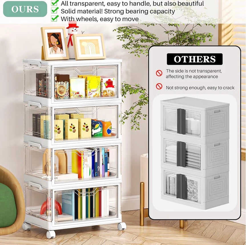 4-Tier Clear Storage Organizer with Wheels – Stackable Folding Storage Bins with Magnetic Doors