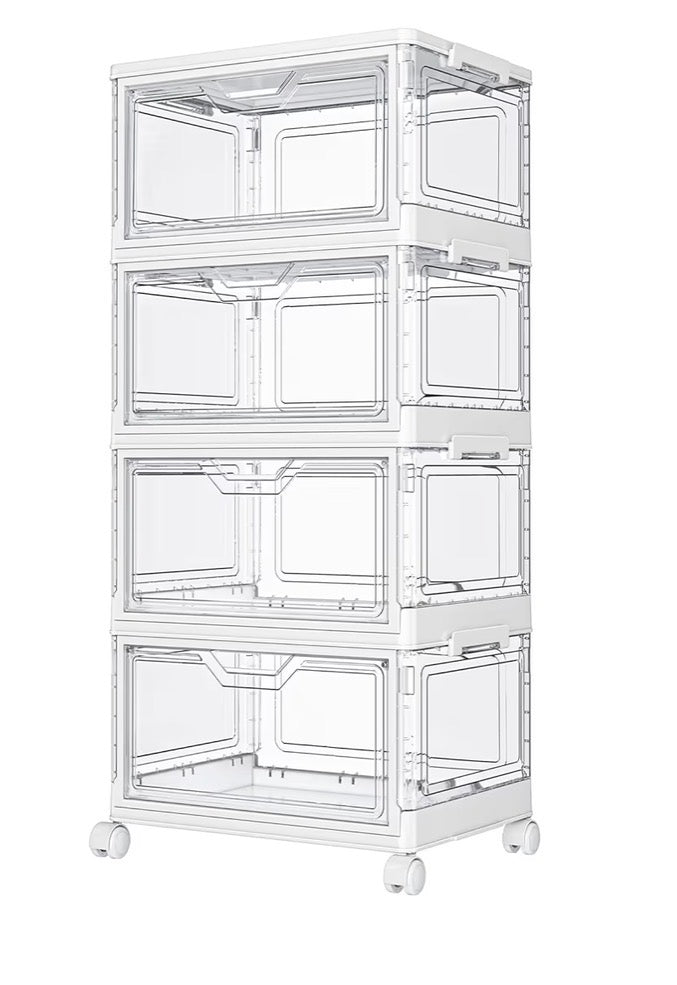 4-Tier Clear Storage Organizer with Wheels – Stackable Folding Storage Bins with Magnetic Doors