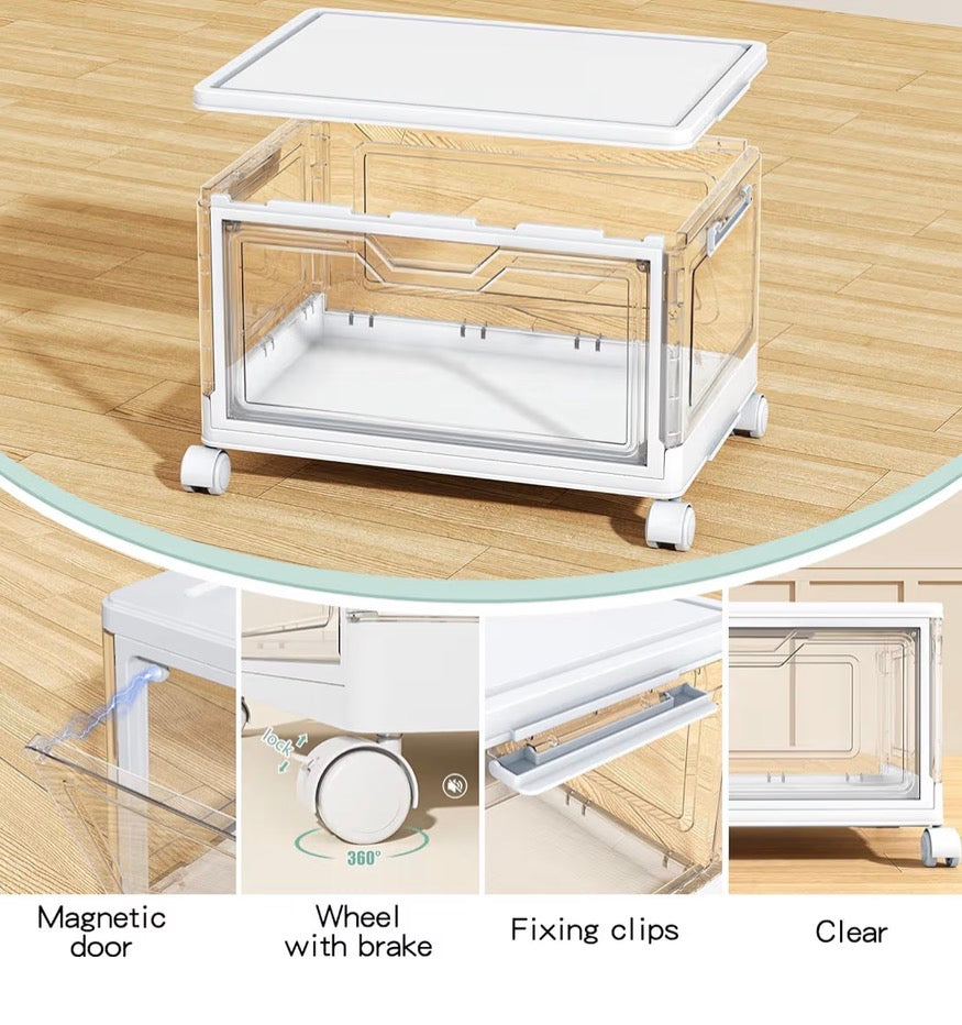 4-Tier Clear Storage Organizer with Wheels – Stackable Folding Storage Bins with Magnetic Doors