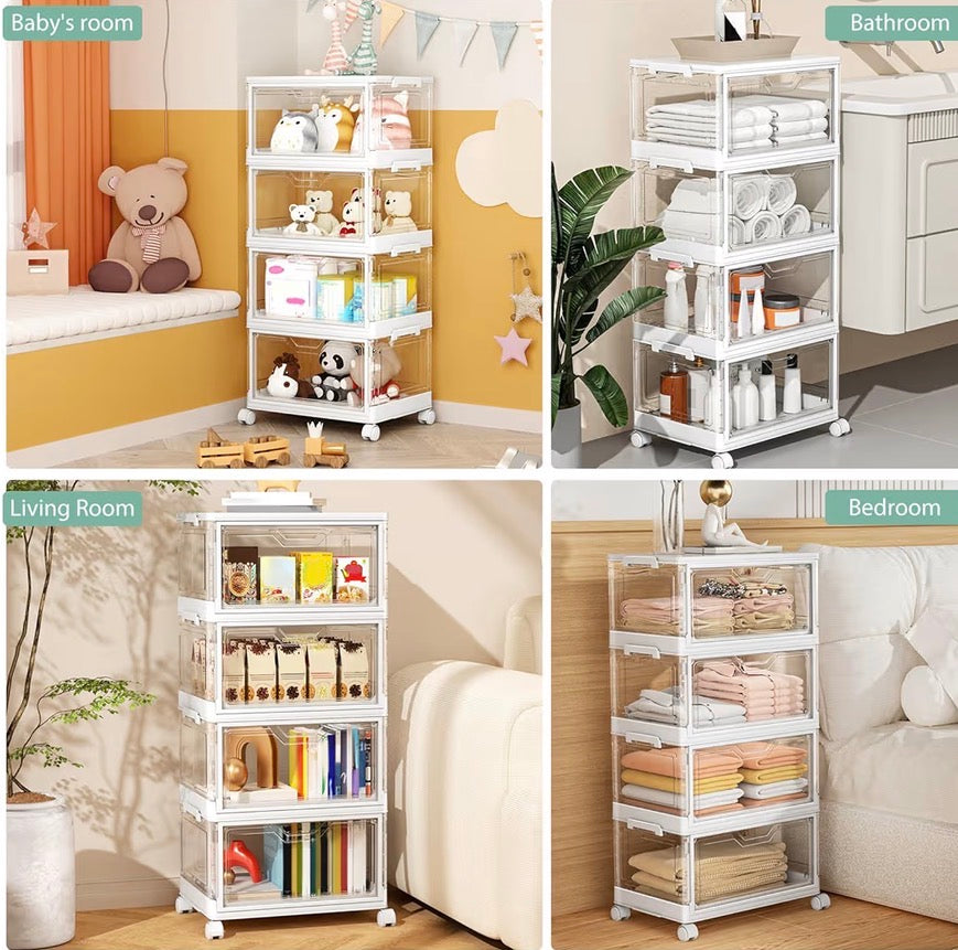 4-Tier Clear Storage Organizer with Wheels – Stackable Folding Storage Bins with Magnetic Doors