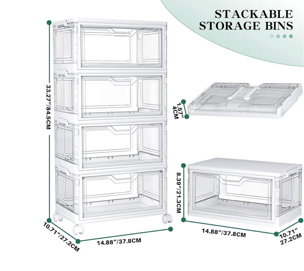 4-Tier Clear Storage Organizer with Wheels – Stackable Folding Storage Bins with Magnetic Doors