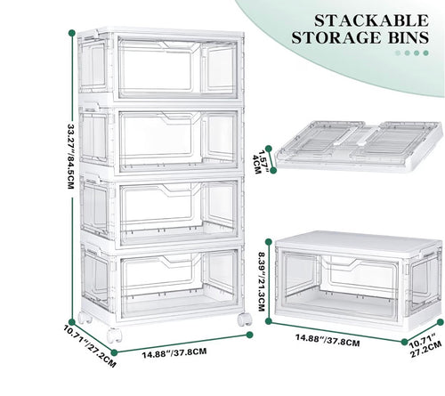 4-Tier Clear Storage Organizer with Wheels – Stackable Folding Storage Bins with Magnetic Doors